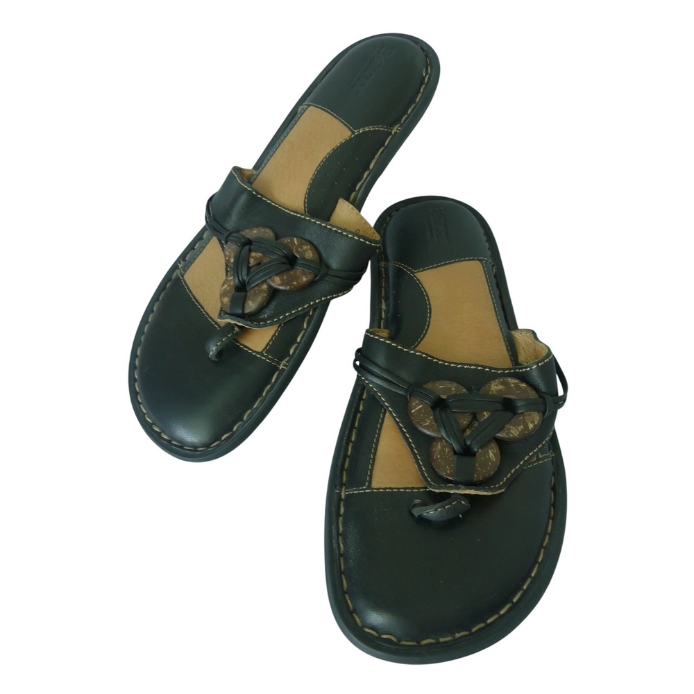 Born Womens Black Leather Thong Sandals Coconut Shell Comfort Sole Sz 9 Resort